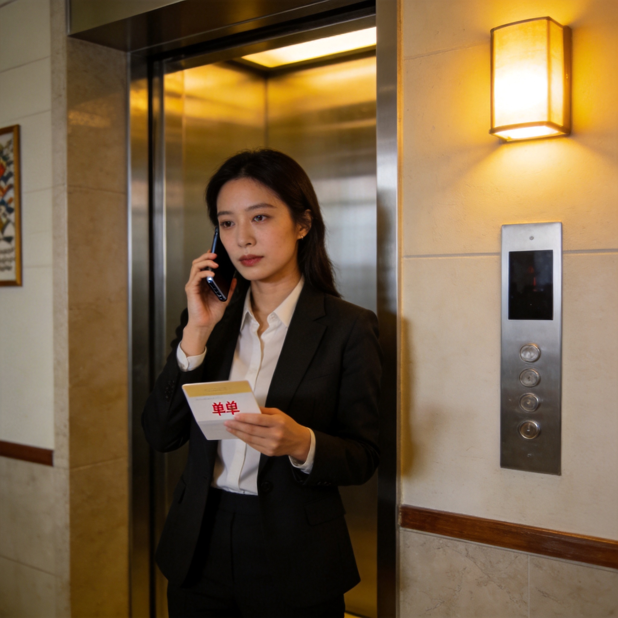 《复仇公主·打工版》官方剧照:女主角在电梯口接单